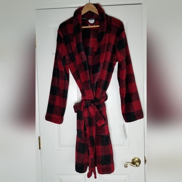 NWT Calvin Klein  Sleepwear Bathrobe Red Black Flannel Size S/M - Picture 1 of 14